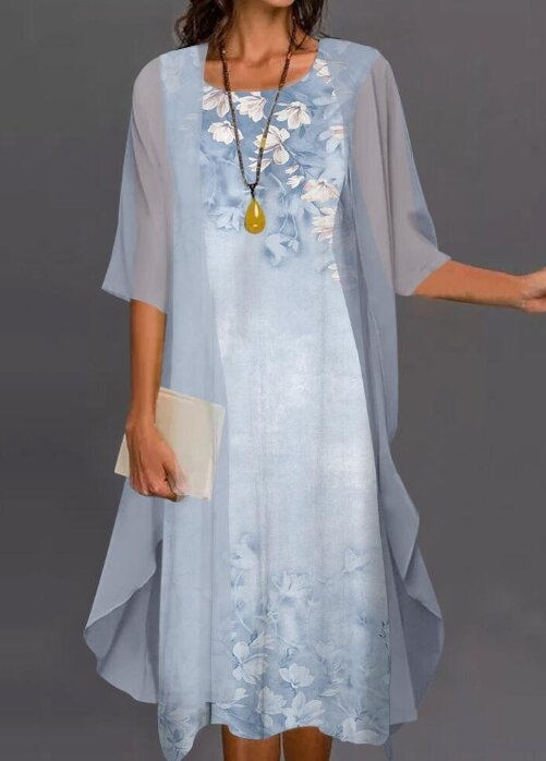 Женское шифоновое платье из двух частей, Элегантное повседневное платье с градиентным принтом и круглым вырезом, платья с рукавом до локтя для женщин на лето