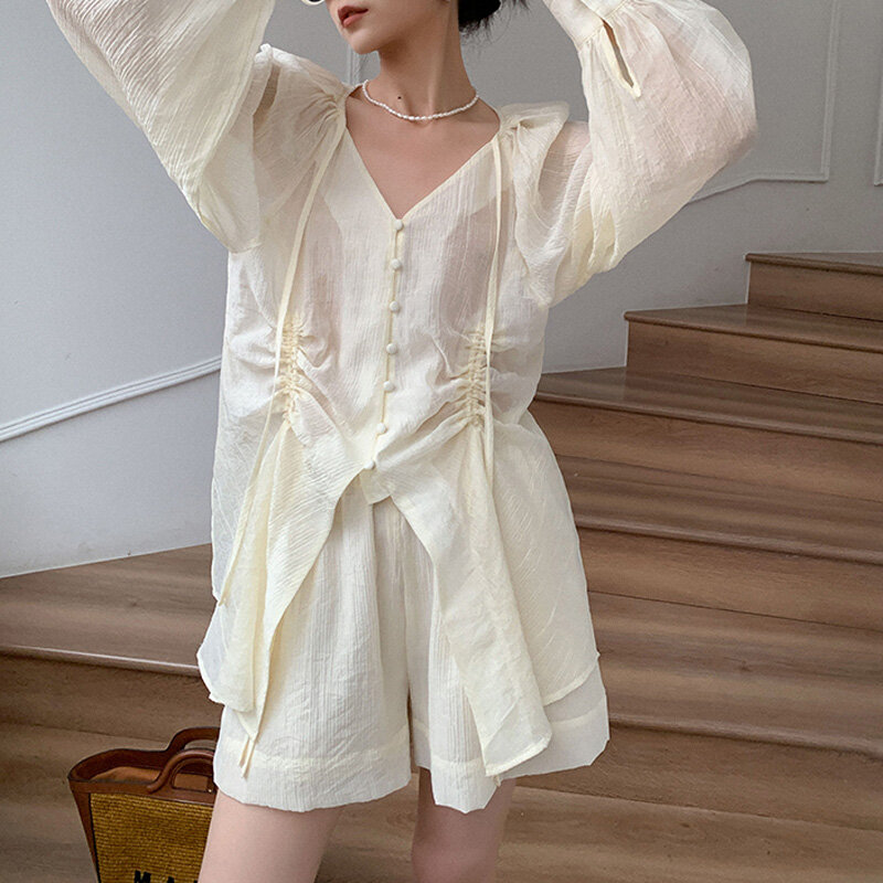 UMI MAO Korean Chic Retro Style V-neck Lace Up Pleated Drawstring Long Sleeved Shirt+high Waist Versatile Wide Leg Shorts Set
