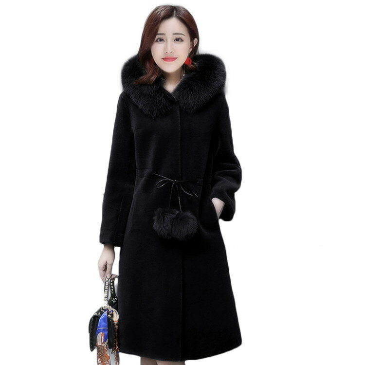 Casaco de pele de vison para mulheres, cintura longa de vison, capuz emagrecedor, casaco de imitação, inverno, novo espessamento