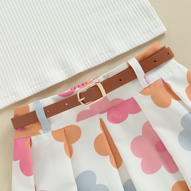 Blotona-Conjunto de verano para niña pequeña, camiseta sin mangas de punto acanalado, falda con estampado de flores/fresas, cinturón, 2 piezas