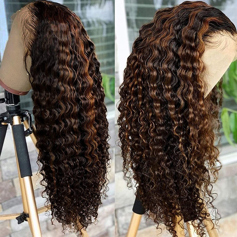 Perruque Lace Front Wig naturelle bouclée, cheveux humains, balayage ombré, noir brun 1B/30, 13x4, pre-plucked, Deep Wave