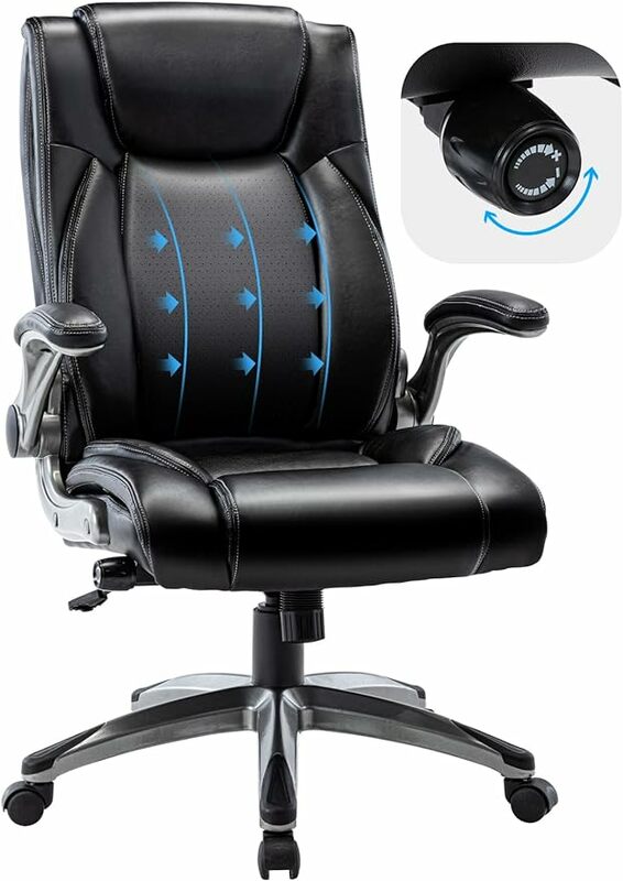 High Back Executive Office Chair- Ergonomic Home Computer Desk Leather Chair with Padded Flip-up Arms