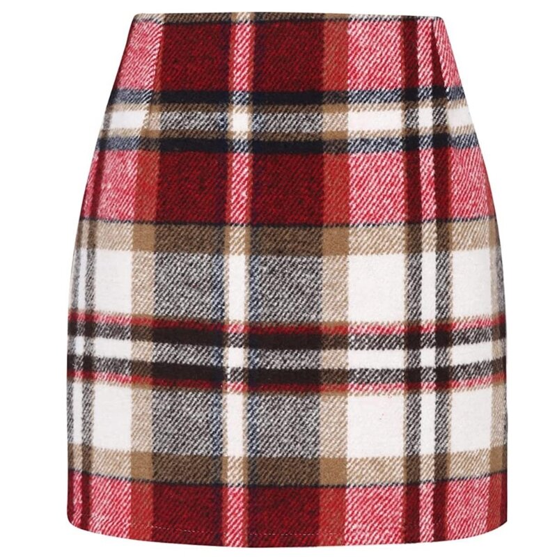 M2EA Womens Wool Plaid Skinny Mini Skirts Fall Winter Elegant High Waisted Side Zipper Up Above Knee Bodycon Pencil Skirt