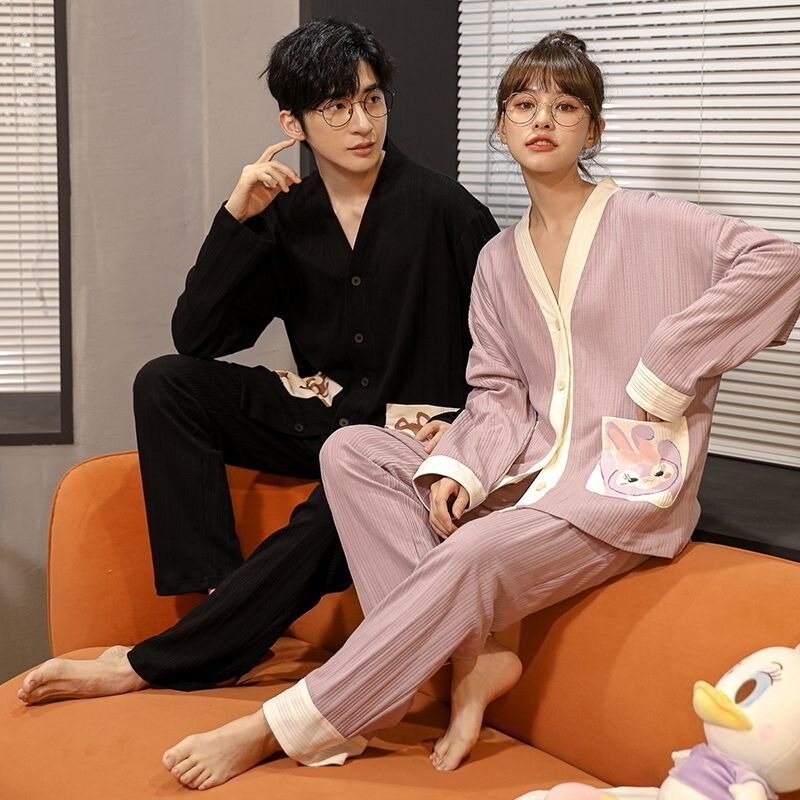 Couple pajamas Spring and Autumn Long sleeve Pure cotton cardigan loungewear Autumn and winter suit Can be worn outside