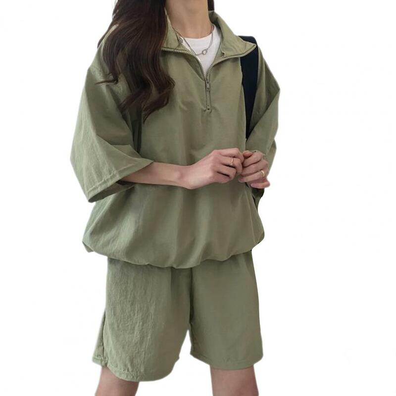 ชุดสูทผู้หญิงชุดวอร์มฤดูร้อนมีซิปด้านบนกางเกงขาสั้นเอวสูงเครื่องแต่งกายสปอร์ตสำหรับนักเรียนสวมใส่สูง