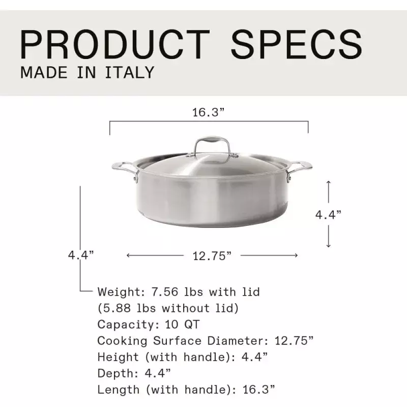 وعاء روندو من الفولاذ المقاوم للصدأ مع غطاء ، أواني طهي احترافية ، مصنوعة في إيطاليا ، مكسوة بـ 5 طبقات من الفولاذ المقاوم للصدأ ، 10 كوارت ، مصنوعة في إيطاليا