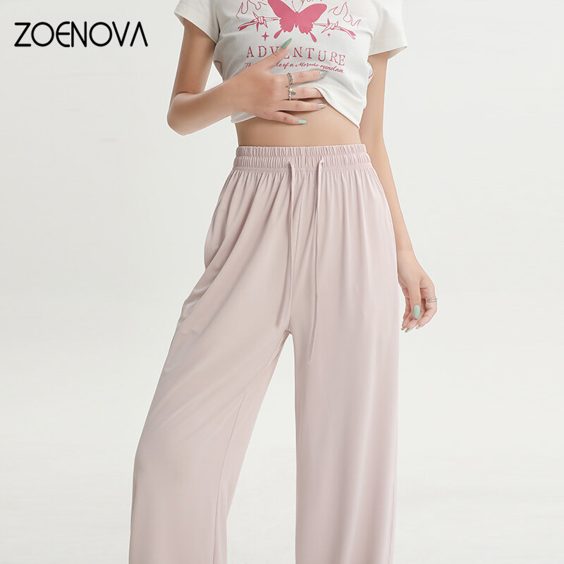 ZOENOVA celana kaki lebar wanita, celana pelindung matahari lurus pinggang elastis mode Korea kualitas tinggi Lyocell sutra es