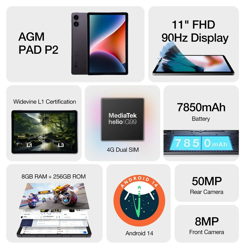 AGM PAD-Tableta P2 con pantalla FHD de 11 ", 8GB + 256GB, cámara de 50MP, batería de 7850MAh, MTK G99 480 Nit, brillo, Widevine L1