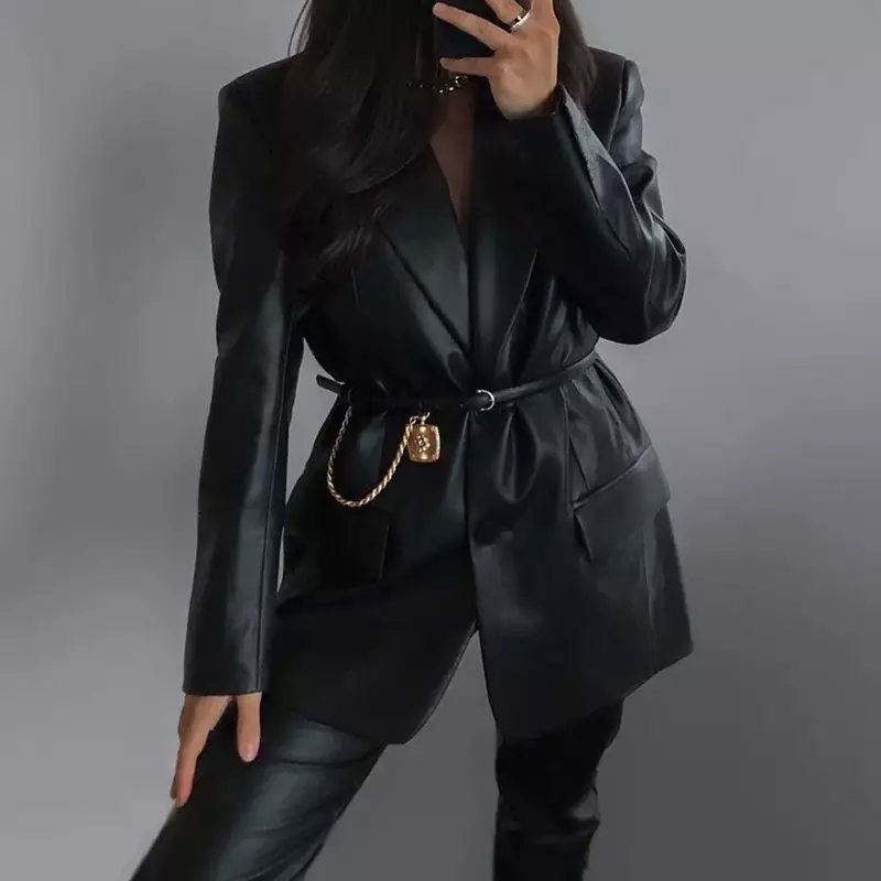 Chaqueta de piel sintética negra para mujer, abrigo largo de manga larga con solapa y botonadura única, moda femenina para Primavera e Invierno
