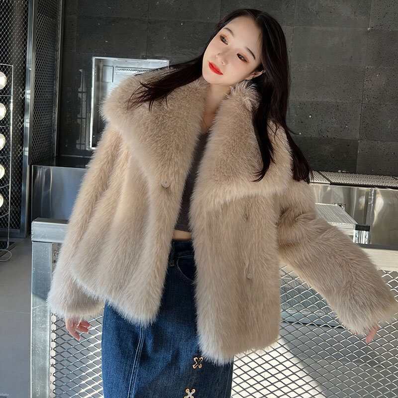 Nieuwe Dames Pluizig Jasje Winter Korte Faux-Fox Bontjassen Korea Revers Casual Bontjassen Dames Dikke Warme Pluche Outwear Zwart