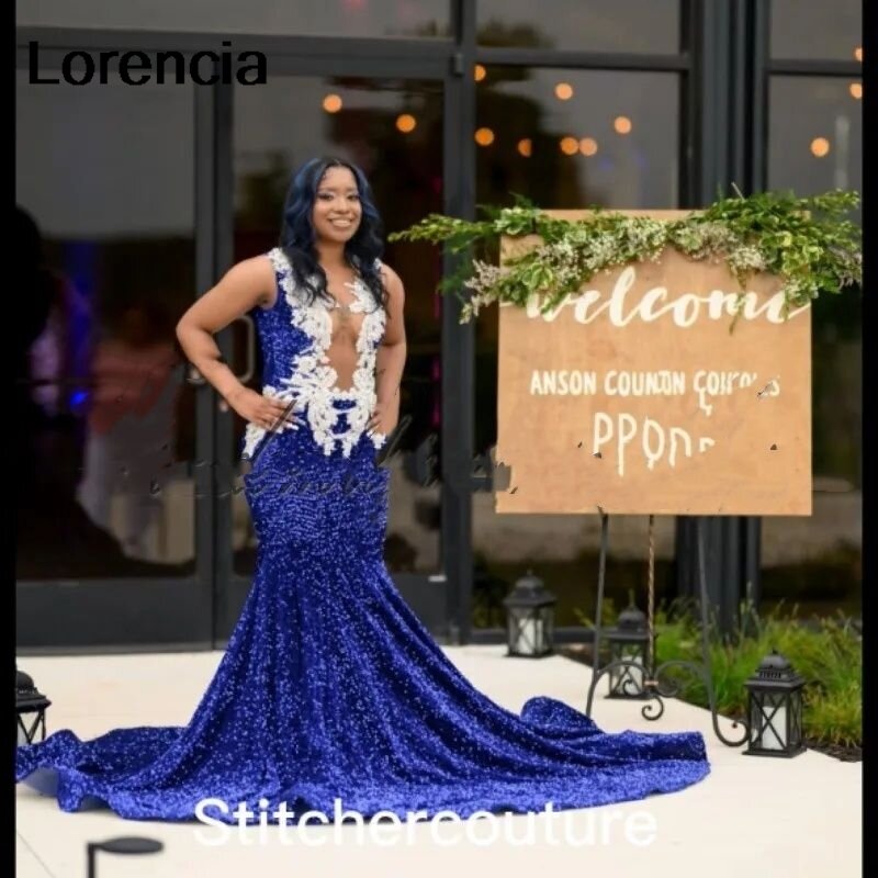 Lorencia Sparkly Royal Blue Sequins Mermaid Prom Dress For Black Girls Beading Crystals African Women Birthday Party Gown YPD43