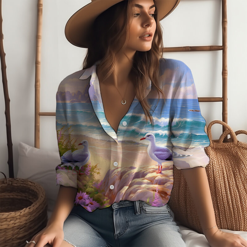 Women's Spring Autumn New Shirt Vacation Casual Shirt Fashion Buttons Turn-down Collar Shirt Beach 3D Printed Long Sleeve Shirt