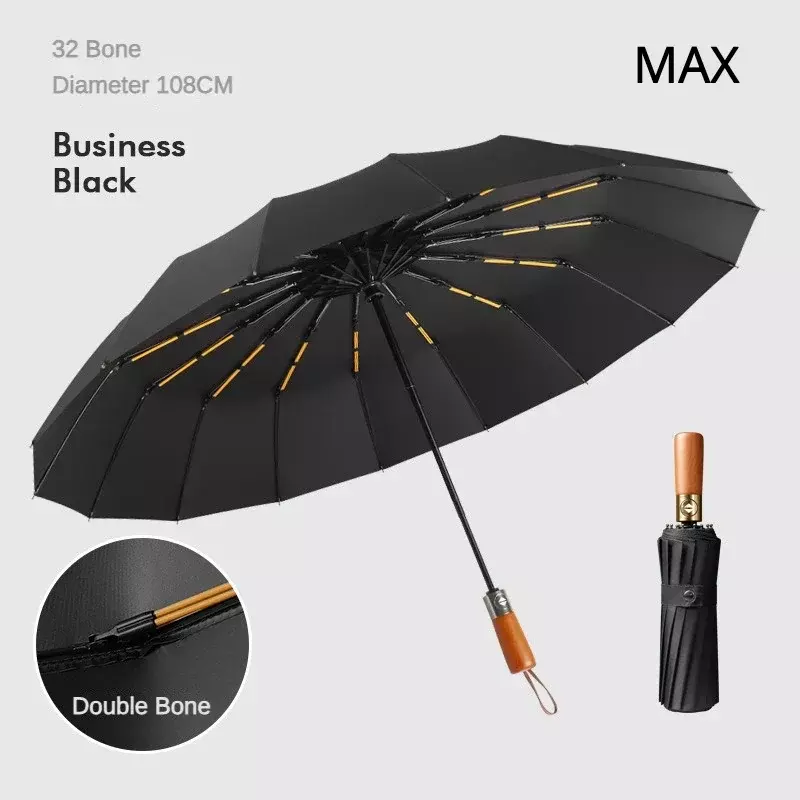 남성용 방풍 32 뼈 비즈니스 우산, 완전 자동 나무 손잡이, 대형 접이식, 방수 햇빛가리개 고급 우산