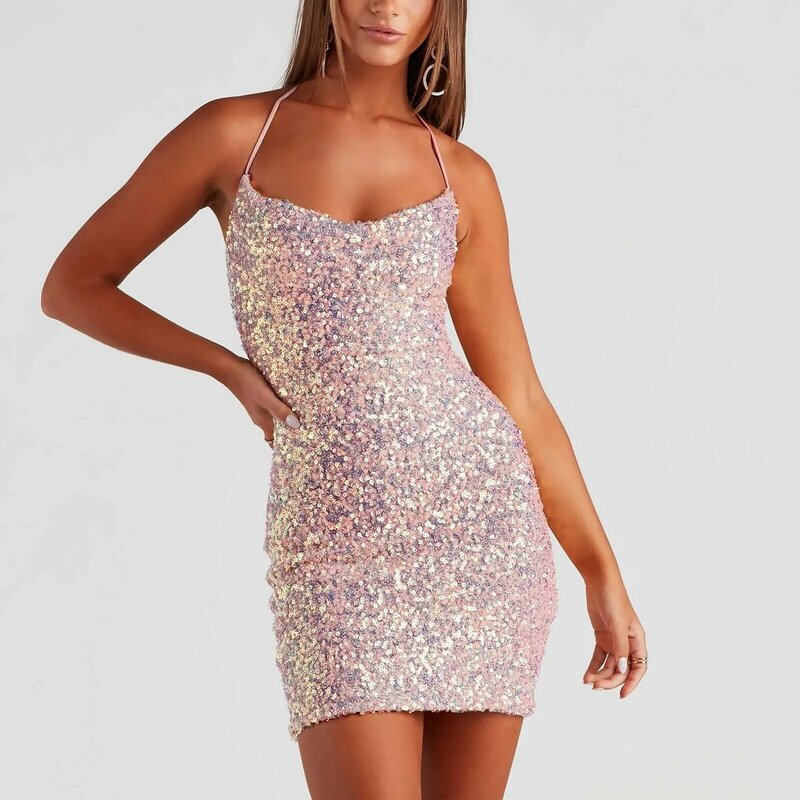 Женское платье с блестками, облегающее вечернее платье без рукавов с открытой спиной и воротником хомутиком, коктейльное платье с блестками, 2024