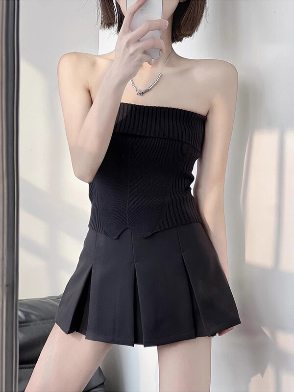 HOUZHOU-Falda corta plisada para Mujer, minifalda Vintage de cintura alta, diseño plisado ancho, ajustada, Sexy, a la moda, 2024