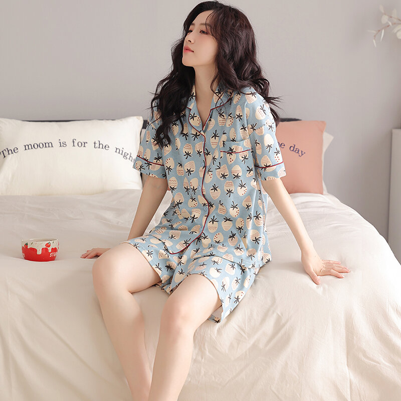 short pants + short sleeve cardigan tops pajamas sets cotton nightwear big yards M-4XL strawberry pyjamas women summer sleepwear