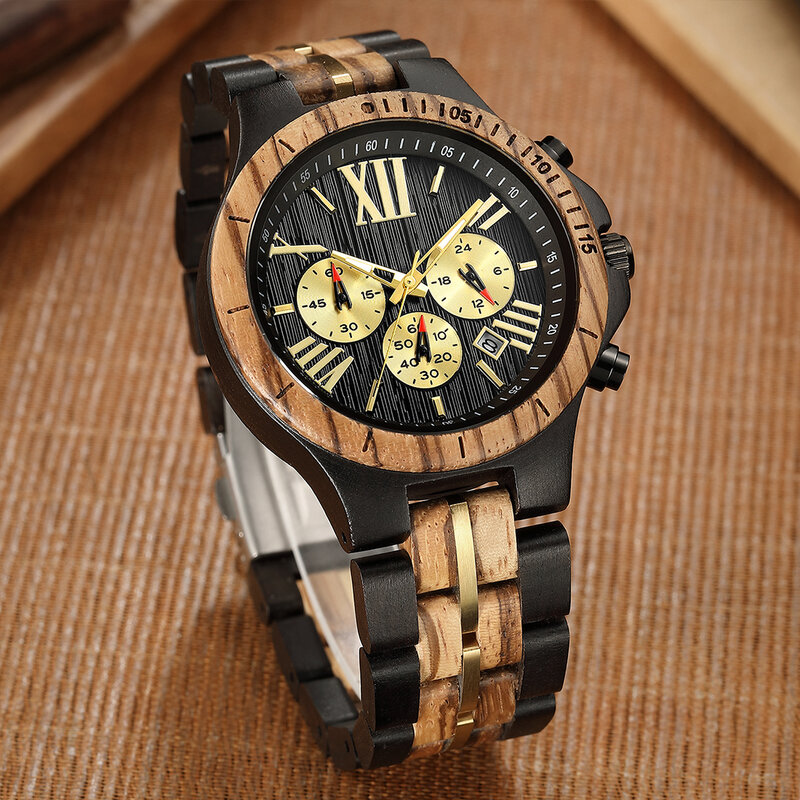 Jam tangan kayu padat alami untuk pria, arloji kronograf multifungsi warna coklat hitam, gelang kayu eboni untuk pria