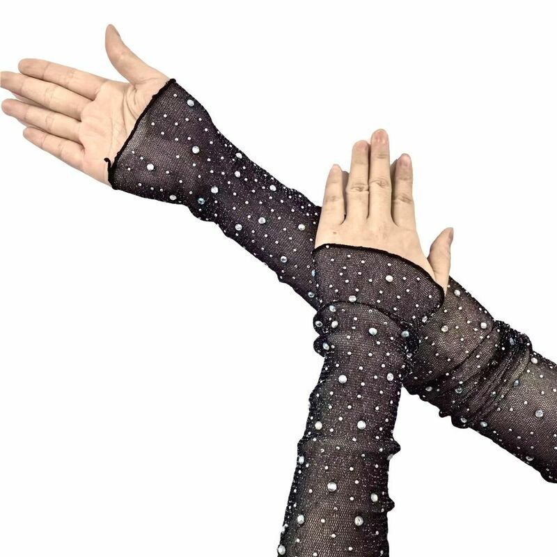 Сетчатые рукава для рук с кристаллами, солнцезащитные дышащие летние рукава для рук, длинные рукава, Шелковый рукав для девочек