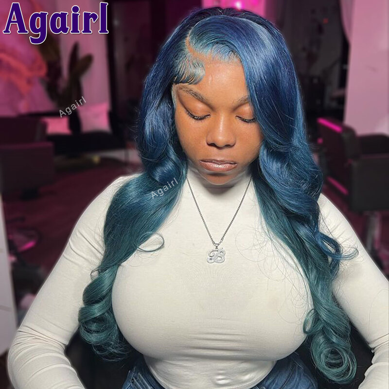 Perruque Lace Closure Wig Body Wave brésilienne naturelle, cheveux humains, 13x6, 5x5, sans colle, pre-plucked, bleu lac, Wear and Go