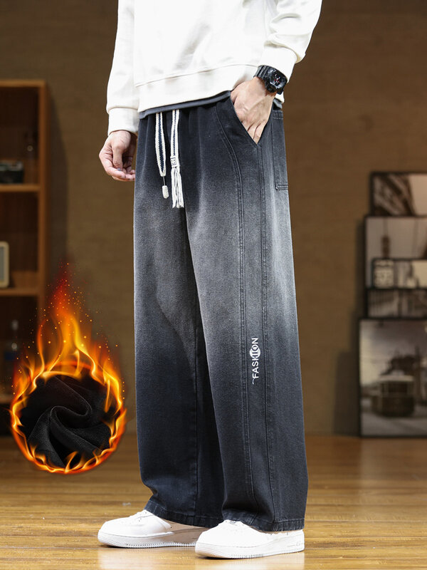 Jeans baggy de veludo grosso masculino, calça jeans quente, calças de perna larga, fleece térmico reto, tamanho grande, 8XL, novo, inverno, 2023