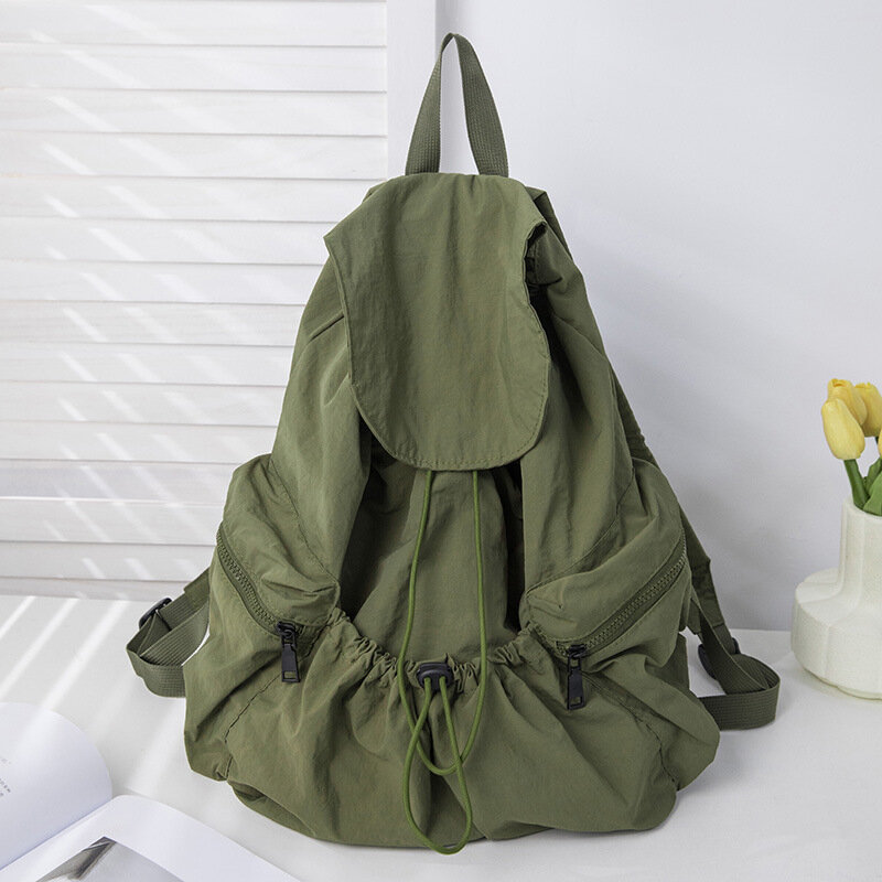 Fashionable pleated drawstring nylon backpack for women large capacity flip top student backpack college student backpack