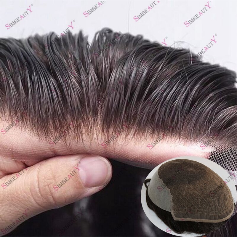 Renda depan Swiss renda & PU rambut manusia las pria rambut palsu sejuk prostesis kapiler 100% rambut manusia rambut alami Wig pria