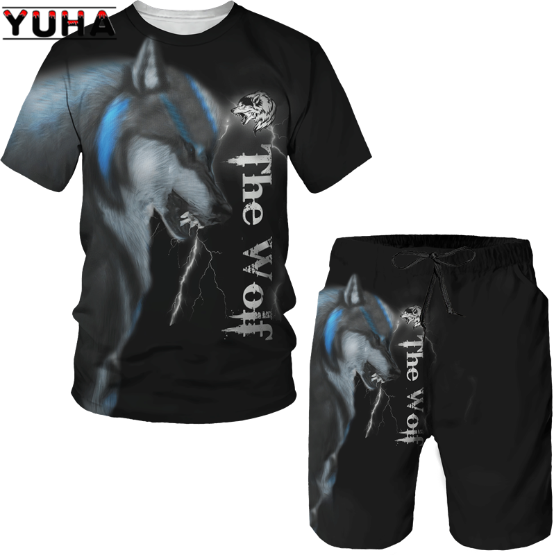 YUHA, The Wolf T-shirt & Celana Pendek Keren Bergambar 3D Setelan Atasan Leher-o Lengan Pendek Musim Panas Pria/Wanita Pakaian Olahraga Kasual Tracksui