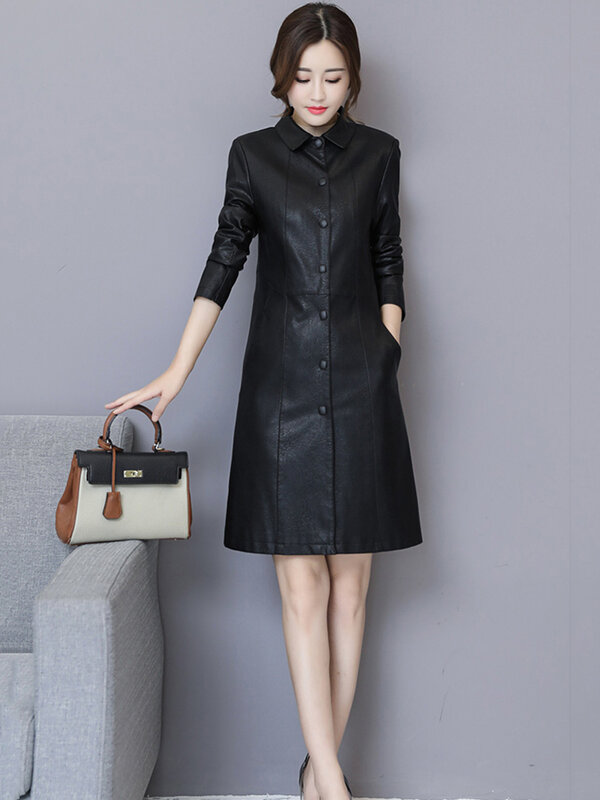 New Women Leather Coat Spring Autumn Casual Fashion Small Turn-down Collar Sheepskin Tops Coat Long Split Leather Outerwear