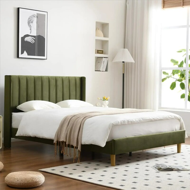 Cadre de lit double en tissu de lin à plateforme rembourrée, tête de lit au design géométrique moderne à double aile, glouton complet
