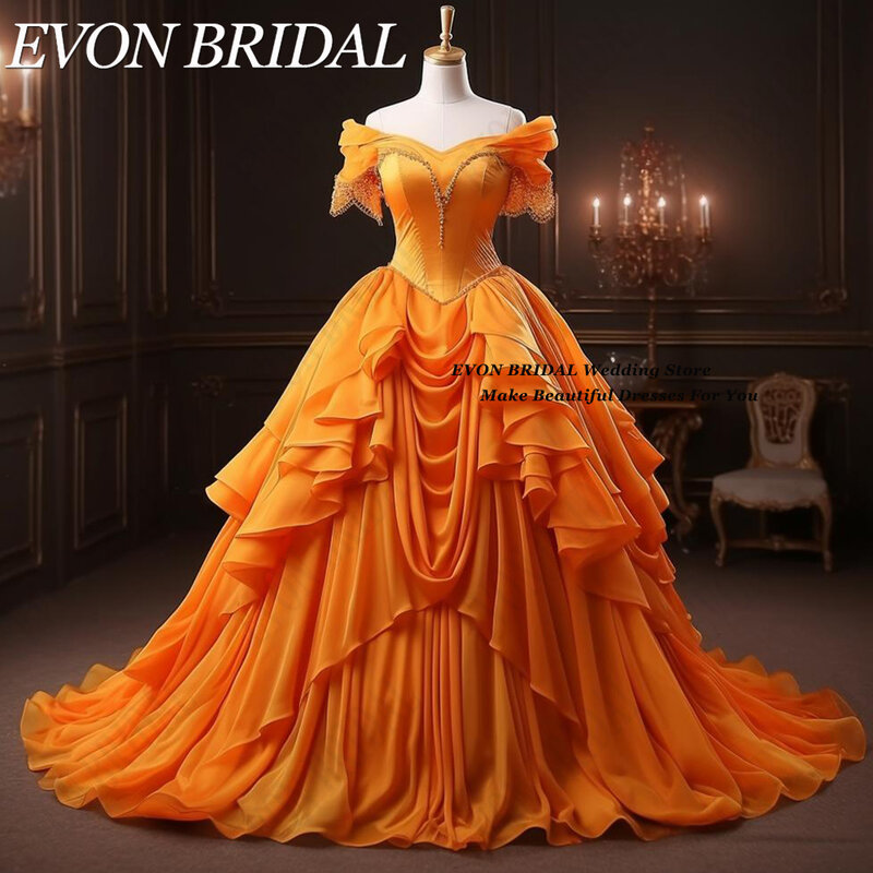 Evon bridal-女性のためのフレンチレトロquinceaneraドレス、オレンジボールガウン、半袖、甘い15の本物の写真、2024