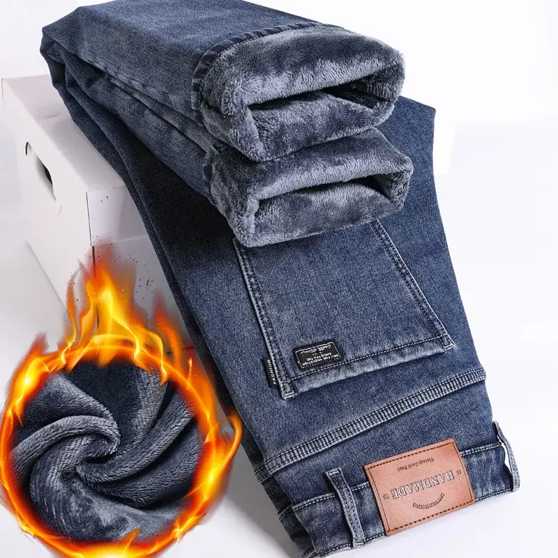 Calça jeans de lã quente masculina, veludo grosso, slim fit, casual para negócios, clássica preta azul, jeans de algodão elástico, inverno, nova