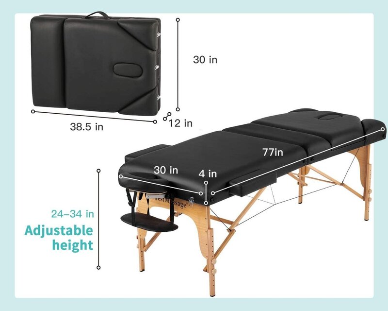 سرير طاولة تدليك بارتفاع قابل للتعديل ، سرير صالون سبا ، وسادة رغوة سميكة ، 77-86 بوصة ، 30 بوصة واسعة ، 3 أضعاف ، 4 بوصة