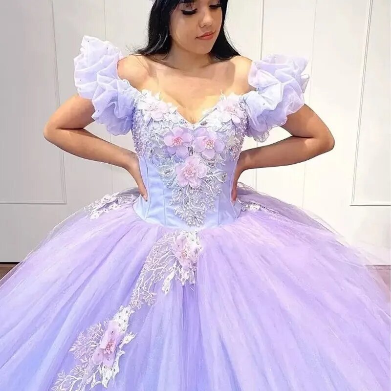 Liliowa księżniczka Quinceanera ubiera suknię balową z odkrytymi ramionami tiulowe aplikacje słodkie 16 sukienek 15 Años meksykańskie