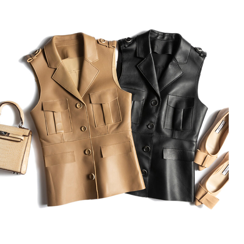 Jaqueta de couro genuíno sem mangas feminina, terno fino feminino, colarinho bolsos colete, colete chique, moda
