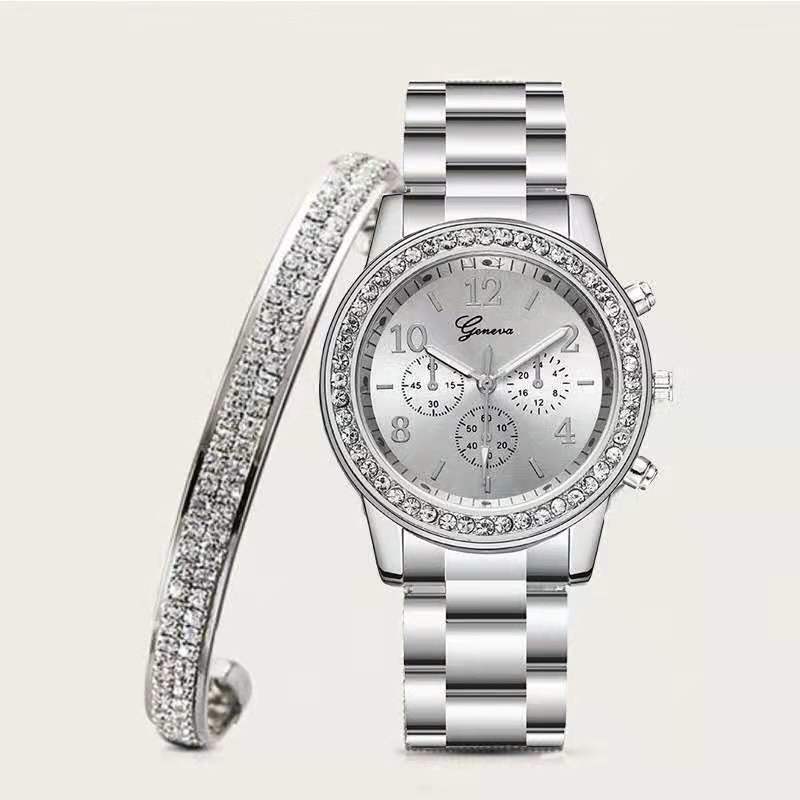Women Watch + Bangle for Women Bracelet Women Crystal Luxury Simple Diamond Gold Clock Set Jewelry 2pcs/Set Relojes Para Mujer