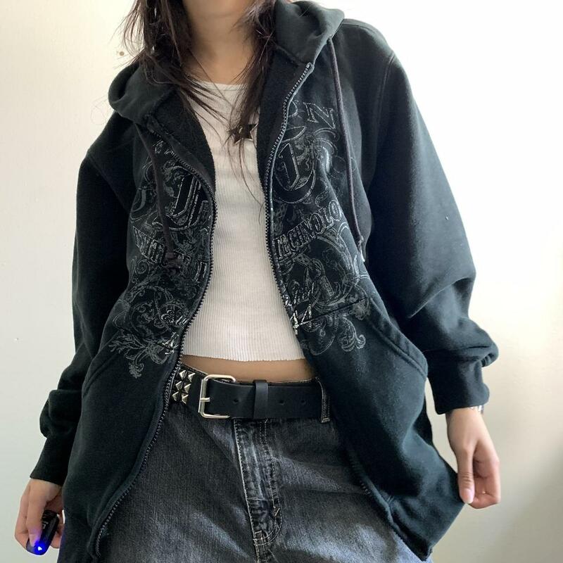 Женская толстовка на молнии Dourbesty Y2K, Повседневная Толстовка с графическим рисунком, худи, куртка с длинным рукавом и карманами, пальто темной Академии