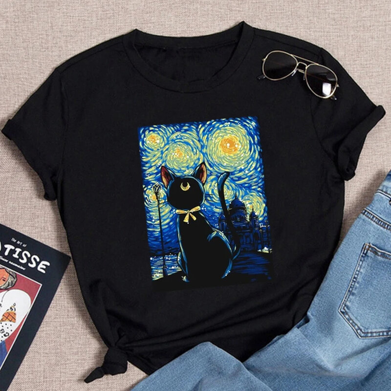 Baumwolle 100% High Portrait Cat Serie Englisch bedruckte Mode Herren und Damen T-Shirt Tops Tops Harajuku übergroße T-Shirt