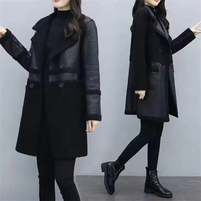 Winter New Women Fur Faux leather splicing Loose coat Female Clothing Velvet Thick Coat Warm Mid-length Jacket windbreaker