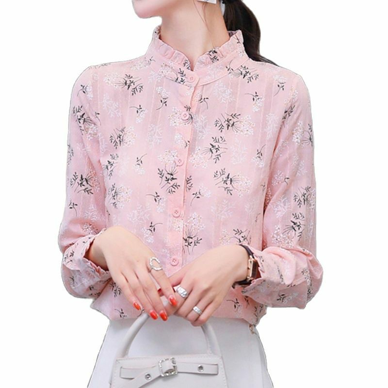 Fashion Fungus Splicing Stand Collar Women Shirt Spring Autumn New Style Simple Long Sleeves Jacket Printing Short Shirt Lady