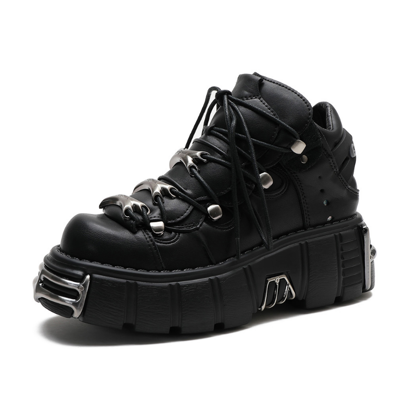 Scarpe da donna nuove scarpe Rock stivaletti con plateau Chunky gotici tacchi stile Punk altezza 6CM Sneakers Lace-up PU Metal Decor