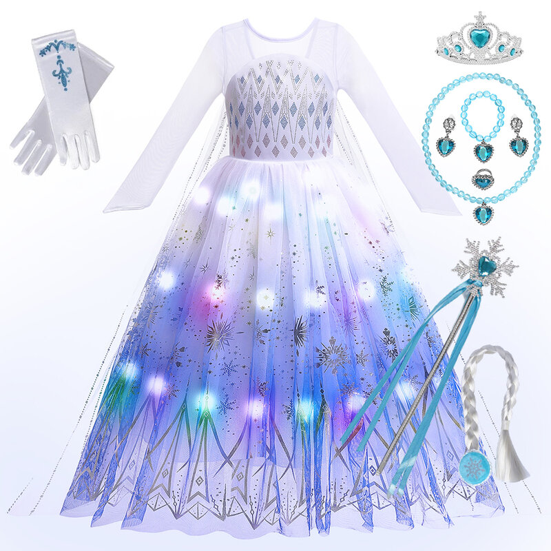 Light Up Snow Queen Elsa Dresses for Girls Cosplay Costume Halloween Carnival Kids Princess Gown Birthday Party Children Dress