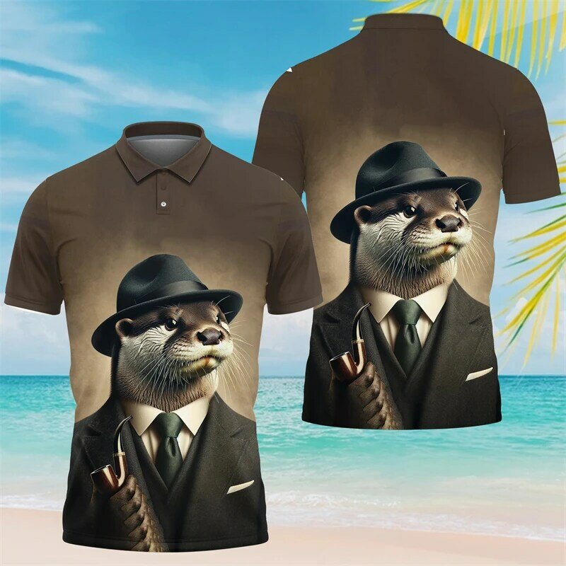 Kaus Polo motif 3D Otter lucu untuk pria pakaian mode Harajuku kaus POLO hewan lengan pendek Hawai atasan Kawaii Y2k anak laki-laki