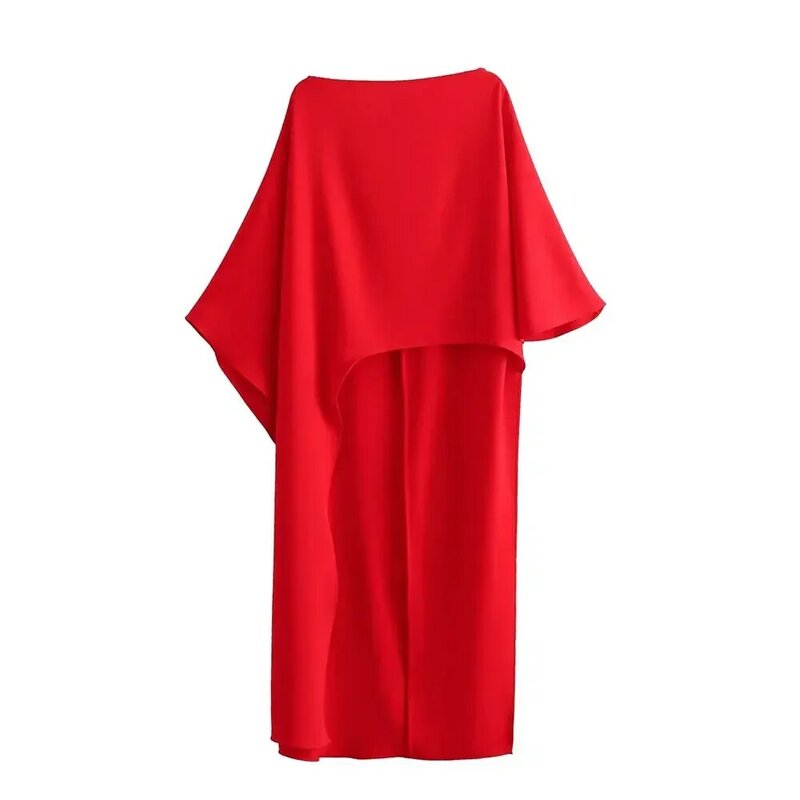 Camisa vermelha longa de cetim feminina, estilo capa assimétrica, gola redonda elegante, estilo casual festivo, primavera, 2024