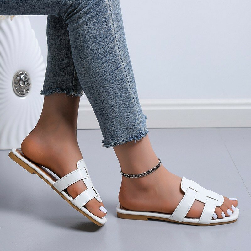 Sandalias planas con punta abierta cuadrada para mujer, zapatos de suela suave de Color sólido, sandalias informales de playa