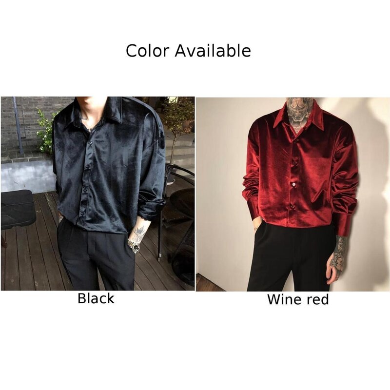 Camisa retrô de veludo de manga comprida masculina, tops soltos, gola de banda, preta, vinho vermelho, casual para festa, blusa 70s