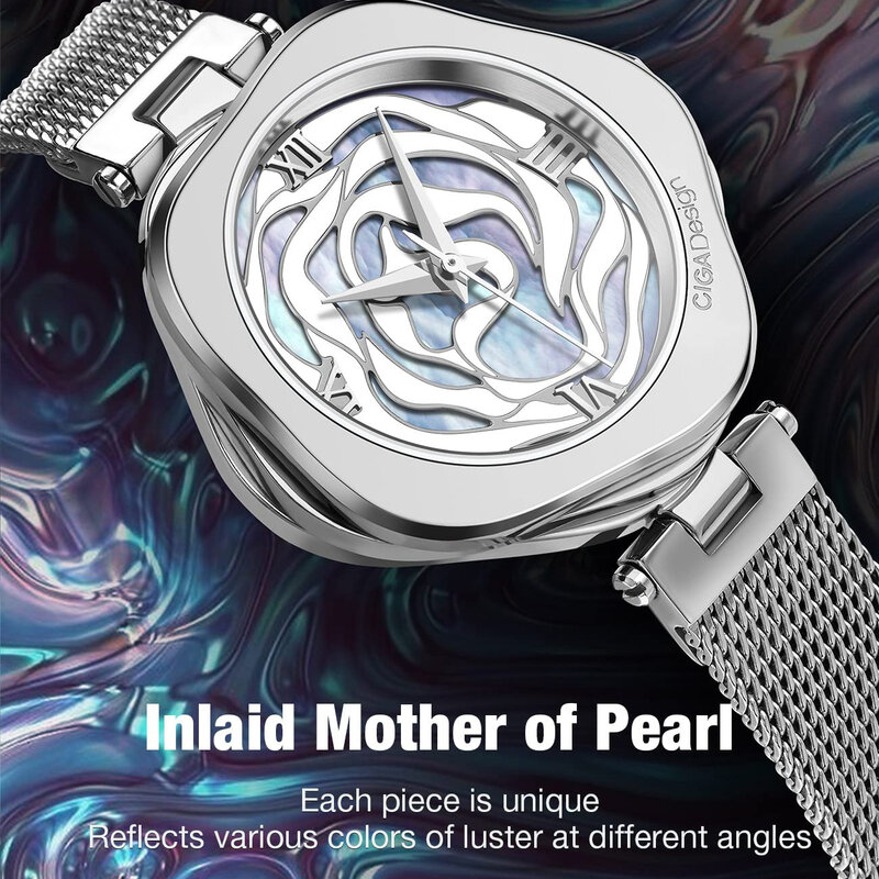 CIGA Design-Dinamarca Rose Watch para Mulheres, Mecânico Automático, Movimento Quartz Japão, Relógio De Pulso Feminino, Relógio De Aço Inoxidável