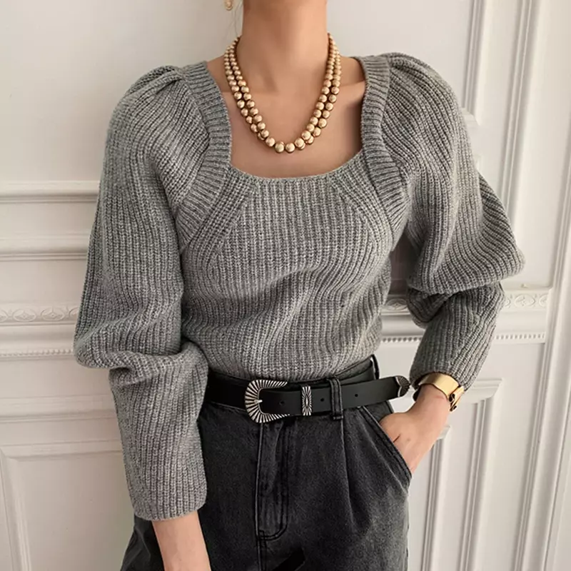 Winter 2022 Ladies Gentle Casual Square Collar Loose Soft Minimalist Pure Color Long-sleeved Pullover Knitted Gray Sweater
