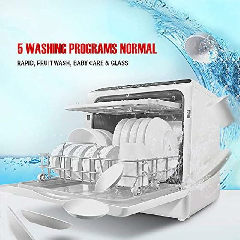 Máquina de lavar louça portátil com tanque de água embutido, 3 copos, 5 programas de lavagem, spray ciclone 3D, frutas e legumes