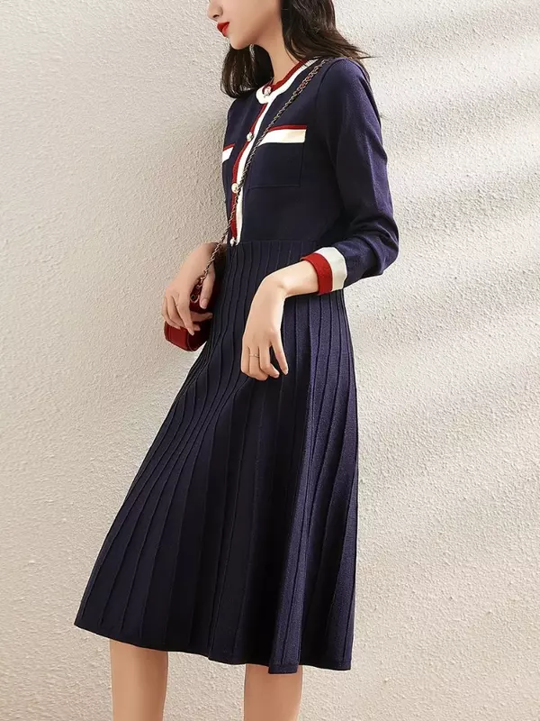 Autumn and Winter Waist Slimming Cover Belly Navy Blue Mid-length Bottoming Skirt 2022 New Small Fragrant Knitted Dress  A-LINE