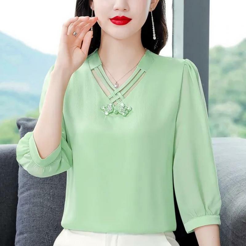2024 Solid Color Chiffon Shirt Women's New Summer V Neck Bottoming Top 3/4 Sleeve Versatile Pullovers Chiffon Blouse